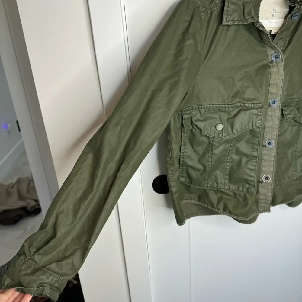 Anthropologie Hei Hei Army Green Button Down Lightweight Crop Jacket Size Small